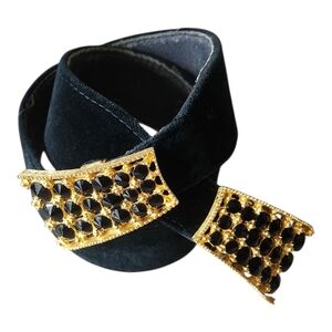 Carlisle Black Velvet Belt with Gold Accents & Black Glass Gems Size Medium
